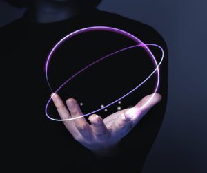 Woman’s hand presenting futuristic technology digital remix