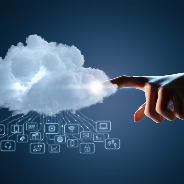 Cloud computing technology concept with 3d rendering human hand with white cloud and icons
