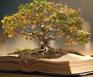 an open book with tree growing out of it. Generative AI
