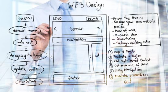 Businessman drawing web design plan scheme on light background. Double exposure